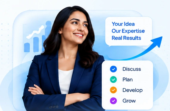 Illustrated business professional with a planning and growth graphic